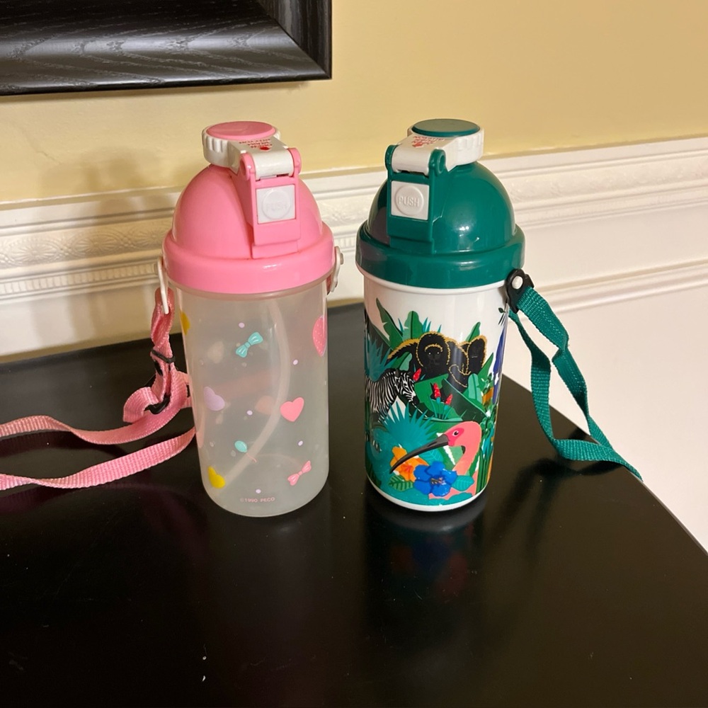 vintage y2k new flip top water bottles w/straps set-green jungle and pink hearts